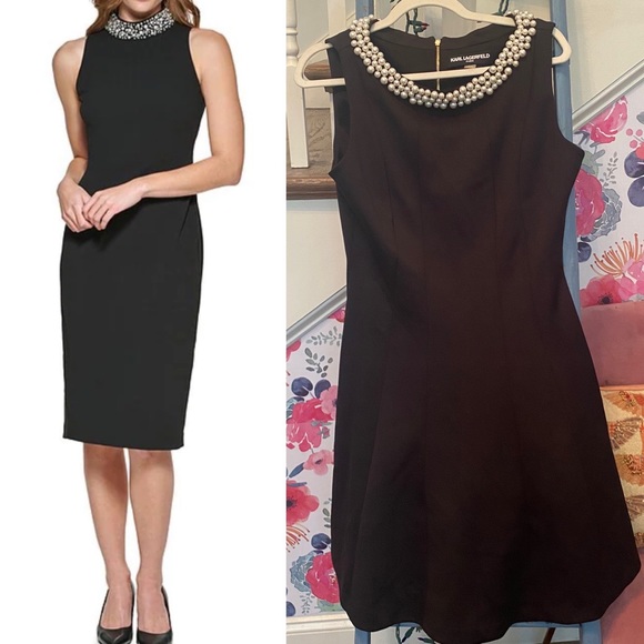 Karl Lagerfeld Pearl Embellished Collar Neck Scuba Dress - Picture 1 of 4